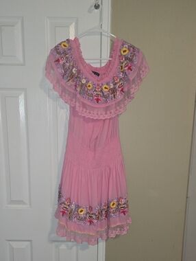 Boston Proper Pink Embroidered Ruffle Dress